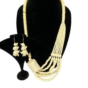 Vintage Bovine Bone Set Necklace Multi-Strand Elephant Pendant Hook Earrings